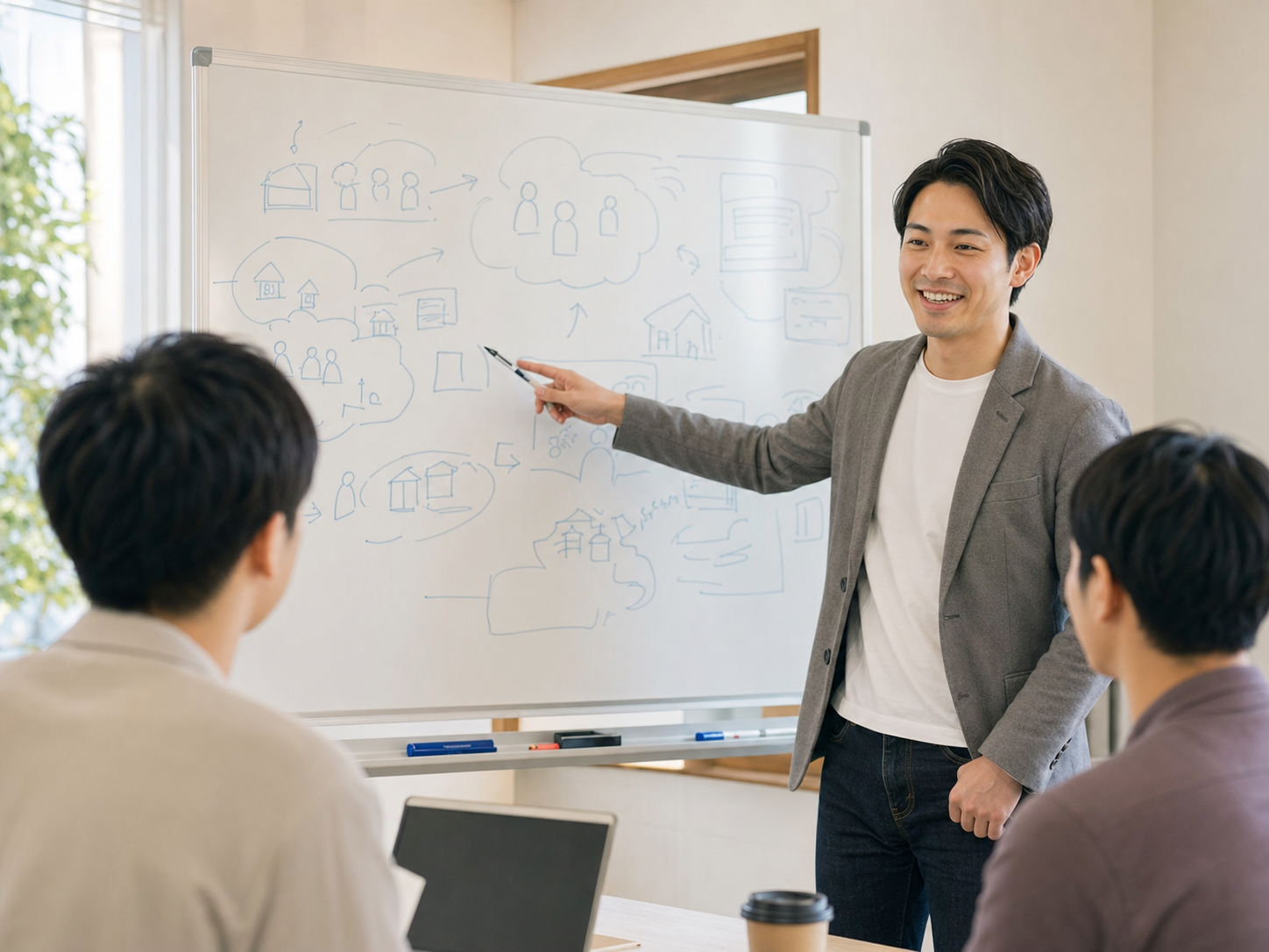 ホワイトボードを使って社会課題解決を説明する経営者